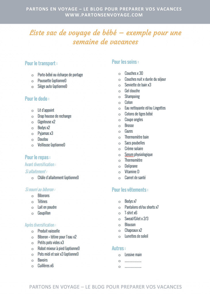 liste valise voyage bébé à imprimer